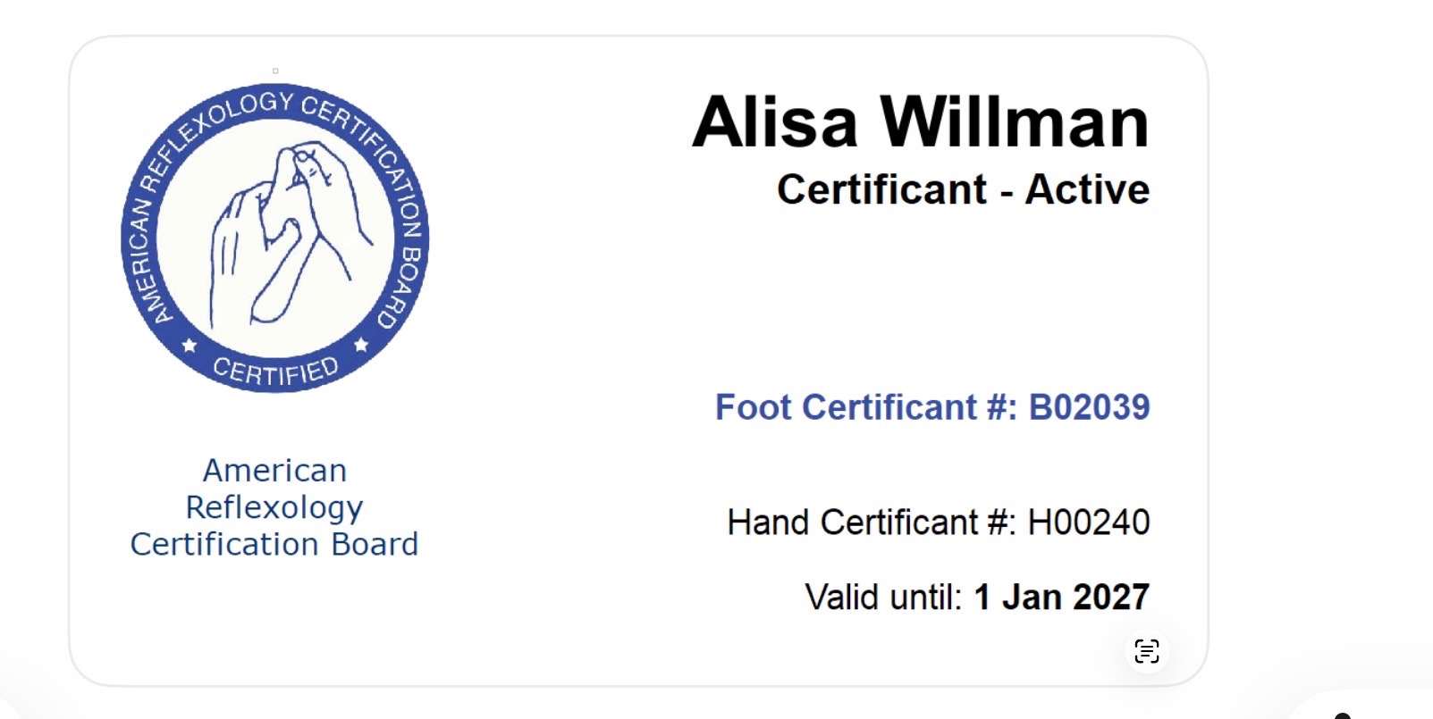 American Reflexology Certification Board Certified, Foot Certificant B02039, Hand Certificant H00240